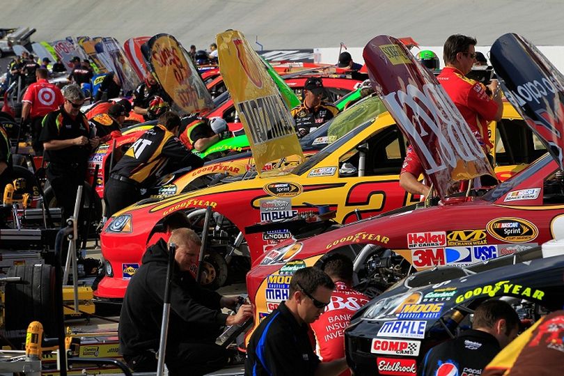 Crew Members working on pit road during NASCAR Sprint Cup Series practice at Bristol Motor Speedway. (Photo Credit: Chris Trotman/Getty Images) (Chris Trotman / Getty Images North America)