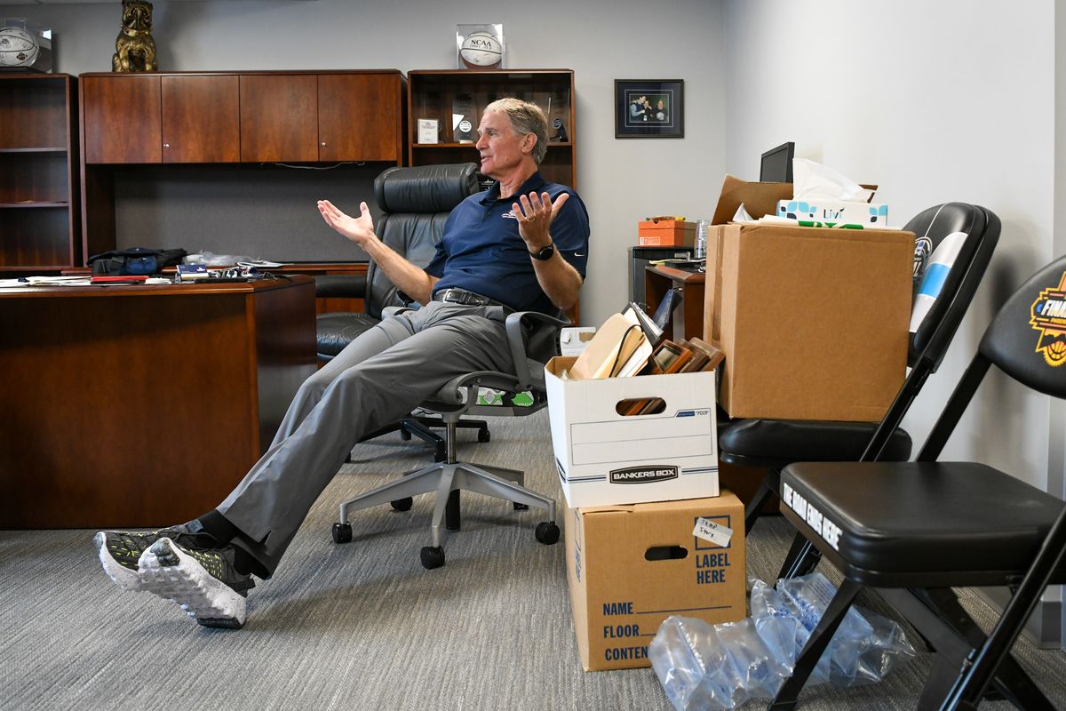 Gonzaga University athletic director Mike Roth is packing up and clearing out his office Monday as his long tenure there comes to an end. Included among the belongings is a courtside seat from the Final Four at right.  (DAN PELLE/THE SPOKESMAN-REVIEW)