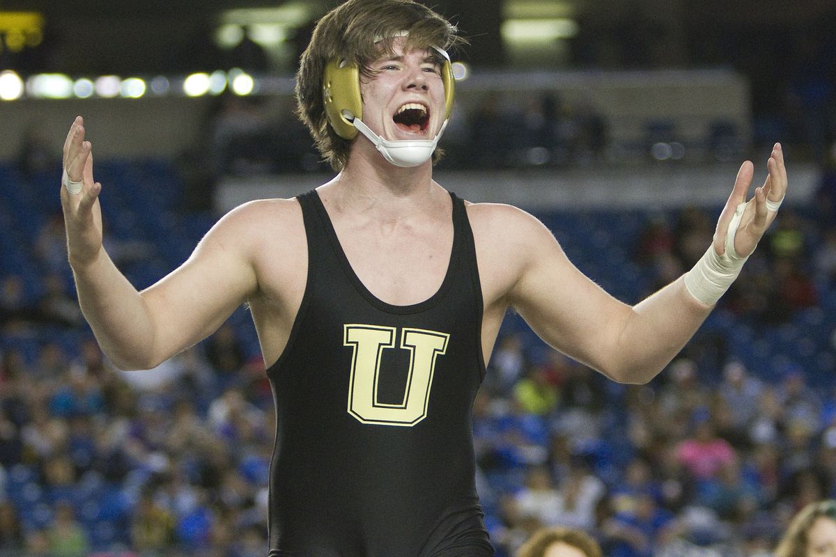 University’s Tanner Orndorff celebrates his state- championship victory in the 195-pound finale. (Patrick Hagerty)