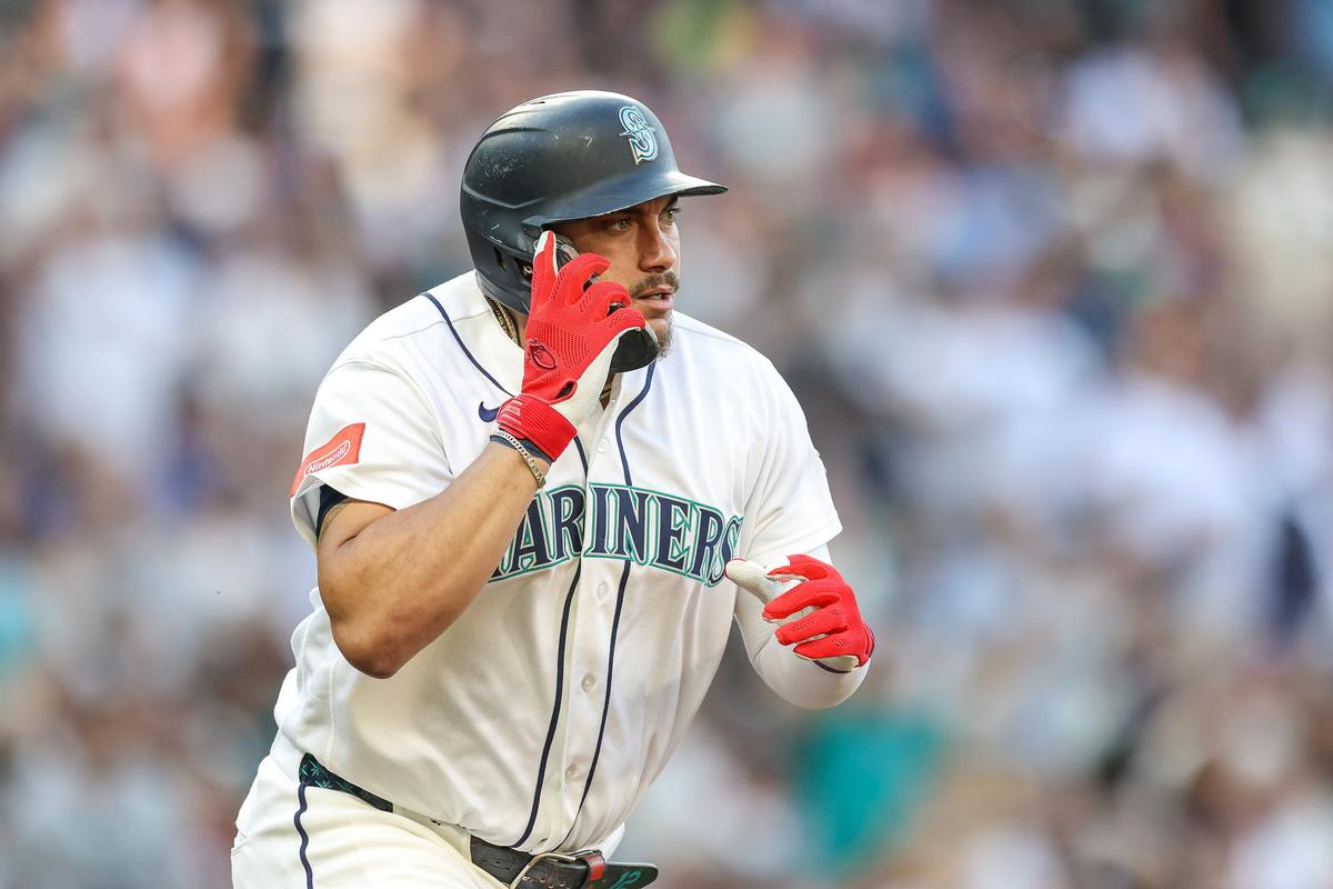 Josh Naylor of the Seattle Mariners reacts after hitting a solo home run during the second inning against the Tampa Bay Rays at T-Mobile Park on Saturday, Aug. 8, 2026, in Seattle. (Tribune News Service)
