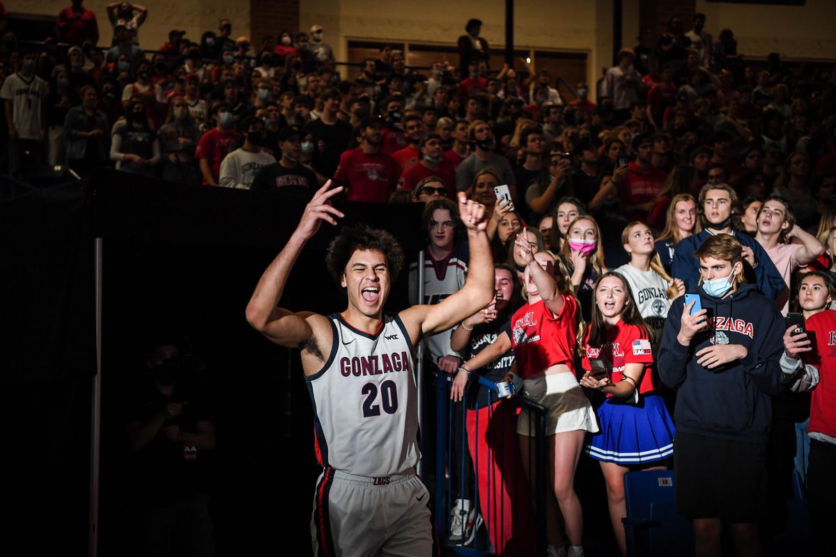Gonzaga forward Kaden Perryis introduced to the crowd during Kraziness in the Kennel, Saturday, Oct. 9, 2021.  (DAN PELLE/THE SPOKESMAN-REVIEW)