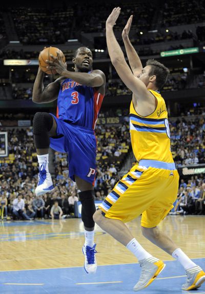 Former Eastern Washington standout Rodney Stuckey (3) of Detroit scored 17 points in loss at Denver. (Associated Press)