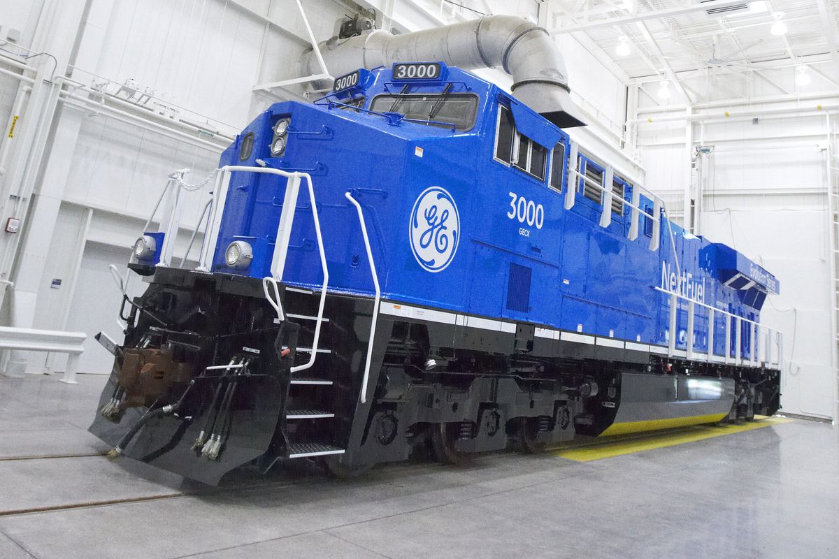 General Electric’s experimental natural gas hybrid locomotive in Erie, Pa., is seen Sept. 14, 2013. (Associated Press)