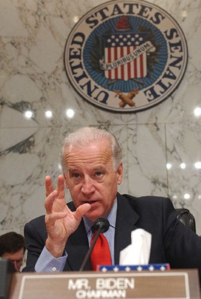 
Senate Foreign Relations Committee Chairman Joe Biden, D-Del., gestures during a committee hearing Thursday  on Iraq reconstruction.
 (Associated Press / The Spokesman-Review)
