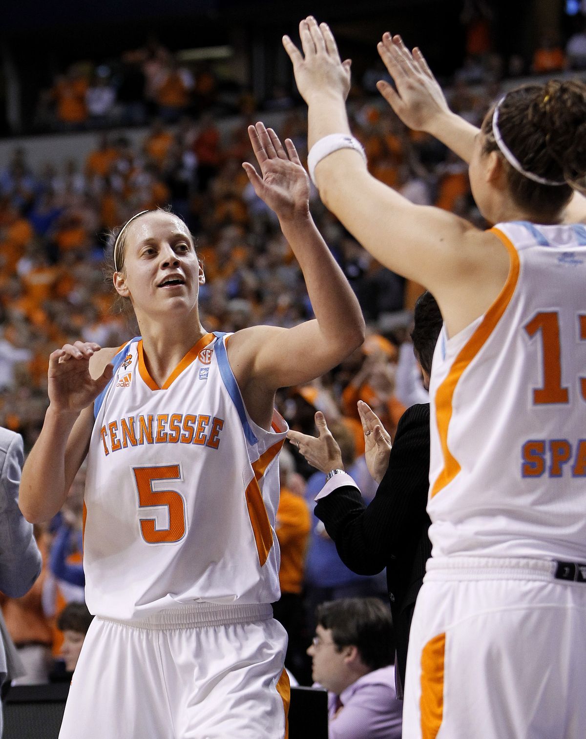 Senior Angie Bjorklund is congratulated as she leaves the SEC championship game. (Associated Press)