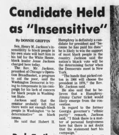Jesse Jackson said Sen. Henry “Scoop” Jackson, a leading Democratic presidential candidate, would not do well in his campaign bid with “his lack of concern for Black people in Washington State.”  (Spokane Daily Chronicle Archives)