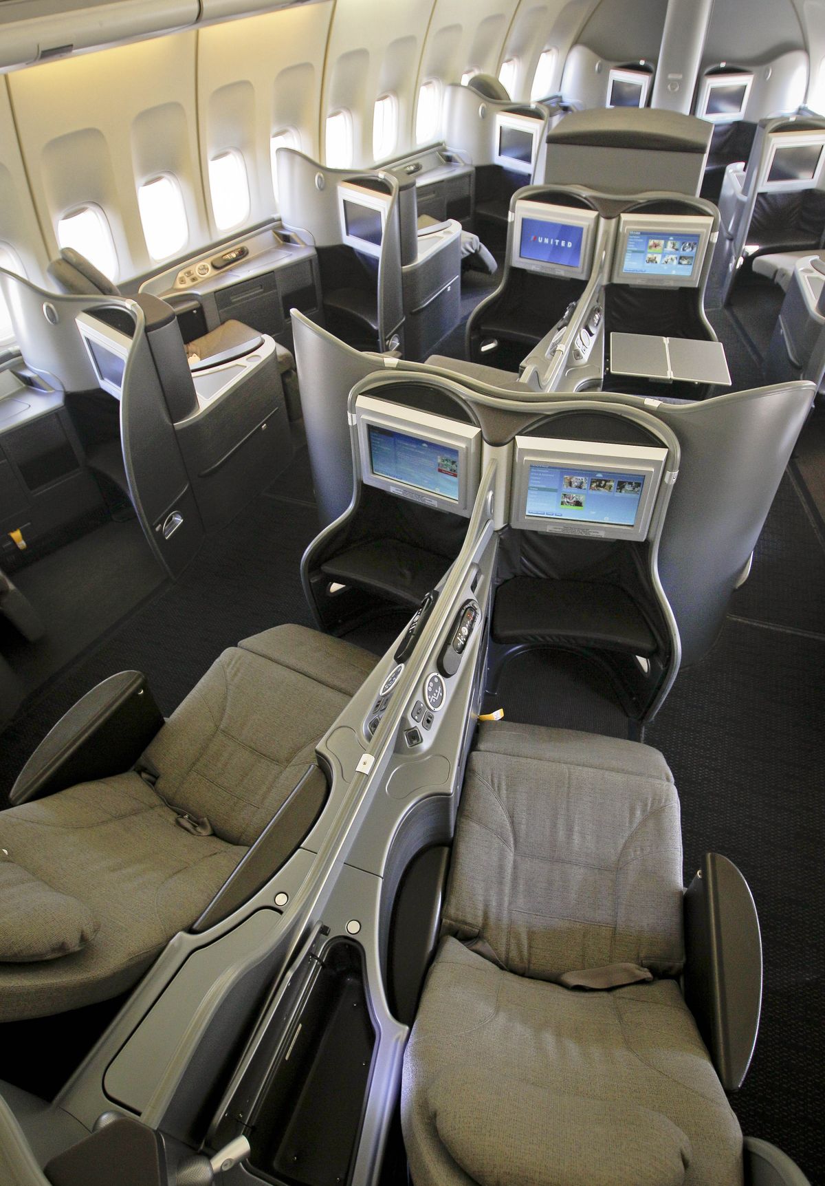 Upgrades have added a taste of luxury to the first-class interior section of a United Airlines 747 at San Francisco International Airport. (Associated Press)