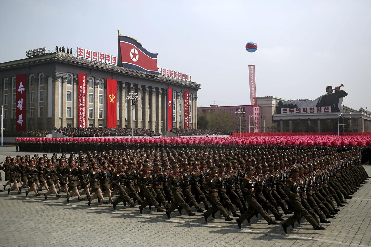 Soldiers march across Kim Il Sung Square during a military parade on Saturday, April 15, 2017, in Pyongyang, North Korea to celebrate the 105th birth anniversary of Kim Il Sung, the country