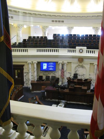 The Idaho House chamber is being readied for Gov. Butch Otter's State of the State message, which is set for Monday. (Betsy Russell)