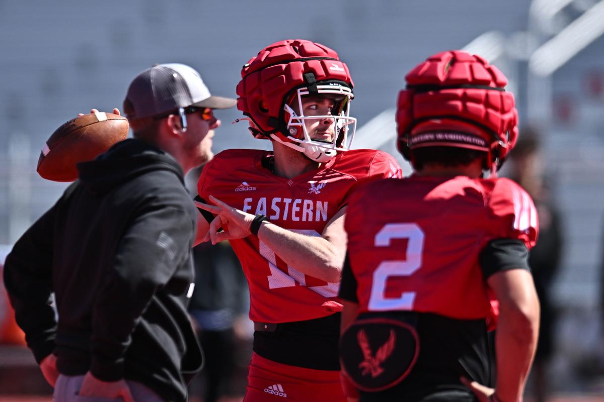 Eastern Washington Eagles quarterback Jake Schakel (12) throws during a spring scrimmage on Saturday, April 25, 2026, at Roos Field in Cheney, WA.  (James Snook)
