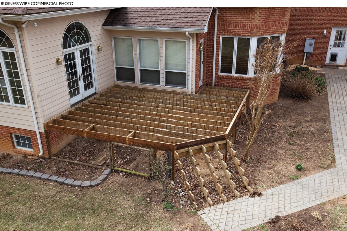 Step 2: Remove the top boards of the deck, including any deteriorating sections. While the old wooden decking and railing should be completely detached, leave the deck’s framing system intact.