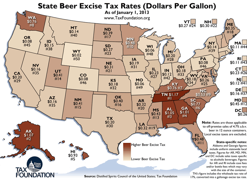 This map from the Tax Foundation shows beer taxes in each state around the country. (Nick Kasprak / The Tax Foundation)