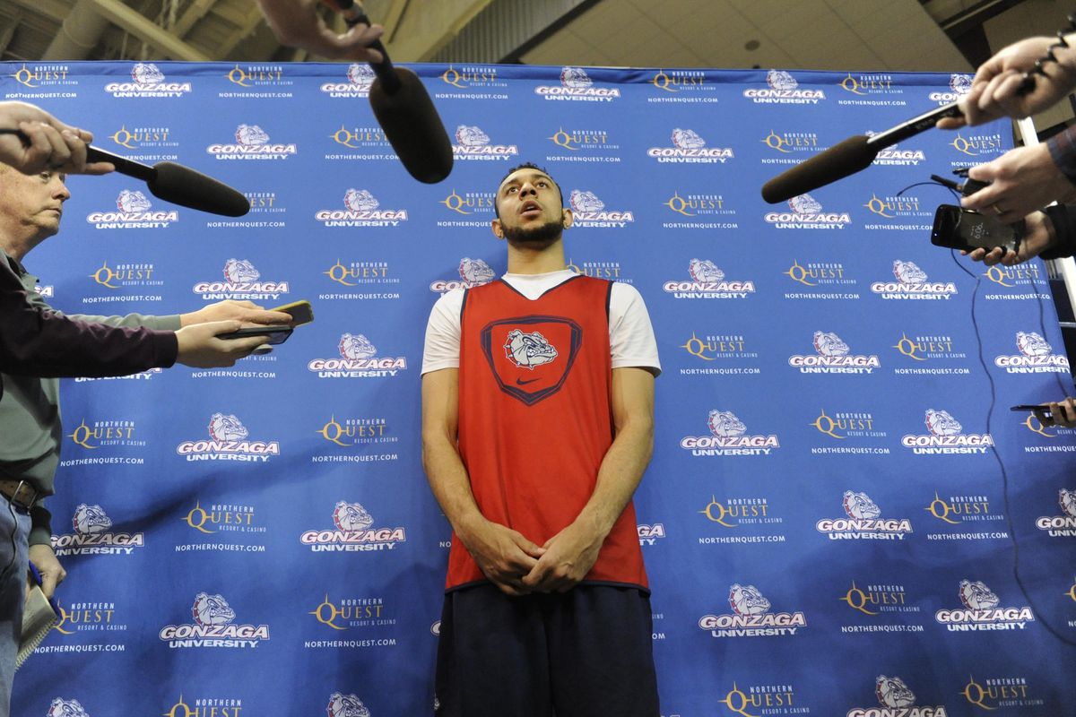 Nigel Williams-Goss addresses the media after Gonzaga reached No. 1 in the college basketball polls last Monday. (Jesse Tinsley / The Spokesman-Review)