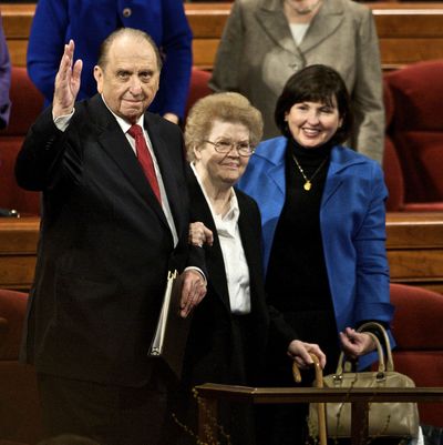 Mormon Church President Thomas Monson, his wife, Frances, and daughter attend a conference Saturday in Salt Lake City. (Associated Press / The Spokesman-Review)