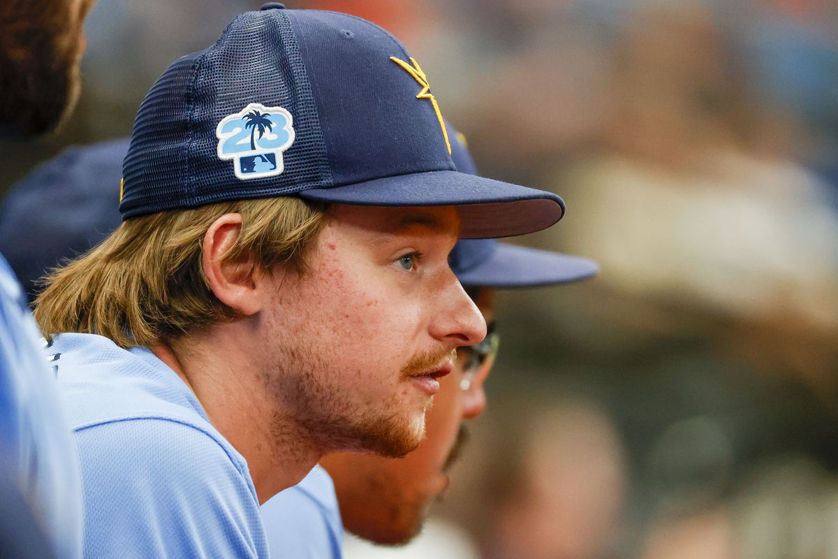 First baseman Kyle Manzardo looks out onto the field while playing an exhibition game with the Tampa Bay Rays on March 4 at Tropicana Field in St. Petersburg, Fla.  (Tribune News Service)