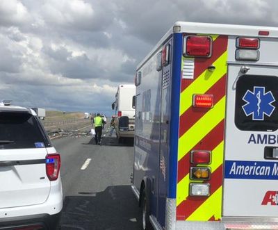 A head-on collision killed two people Monday, May 18, 2020, on Interstate 90 near Moses Lake. (Chad Sokol / The Spokesman-Review)