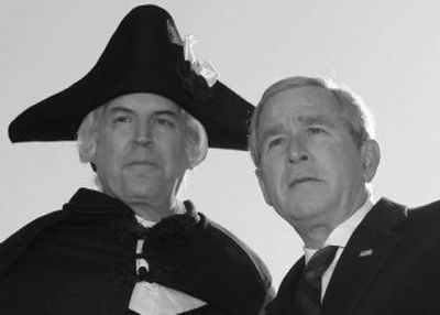 
President Bush, pictured with Gen. George Washington, played by actor Dean Malissa,  spoke on the 275th anniversary of Washington's birth Monday  in Mount Vernon, Va. 
 (Associated Press / The Spokesman-Review)