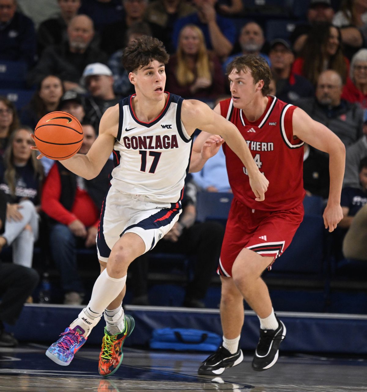 Gonzaga guard Mario Saint-Supery (17) heads down court during the second half of a NCAA college basketball game with Southern Utah, Monday, Nov. 17, 2025, in the McCarthey Athletic Center.  (COLIN MULVANY/THE SPOKESMAN-REVI)