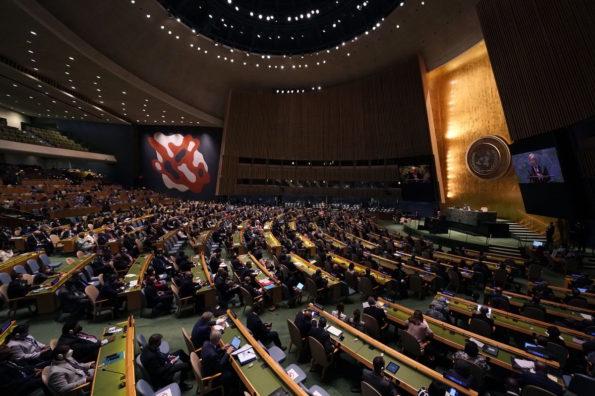 United Nations Secretary General Antonio Guterres speaks during the 76th Session of the General Assembly at UN Headquarters in New York on Tuesday, Sept. 21, 2021.  (Timothy A. Clary)