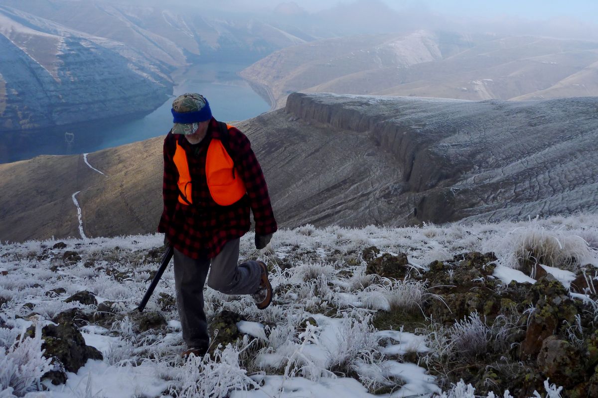 Jim Kujala works his way up into the chukar hunting country of the Snake River Canyon  on the last day of the season in January. (Rich Landers)