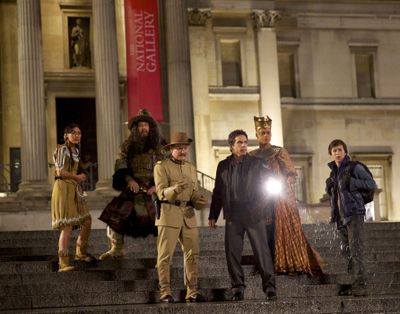 From left, Mizuo Peck, Patrick Gallagher, Robin Williams, Ben Stiller, Rami Malek and Skyler Gisondo in a scene from “Night at the Museum: Secret of the Tomb.”