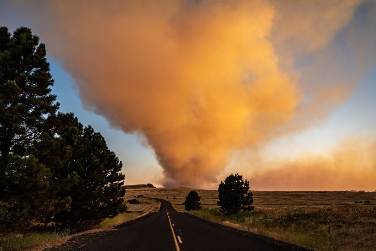 Looking west on Pine Grove road, a brush and timber fire that started near Williams Lake move northeast Wednesday evening. The 3,000-plus-acre fire sparked several Level 3 evacuations.  (COLIN MULVANY/THE SPOKESMAN-REVIEW)