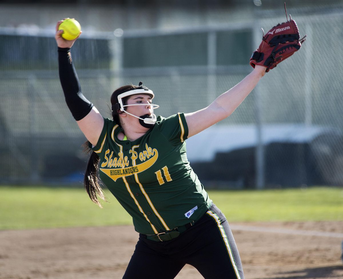 Shadle Park’s Jaya Allen, winding up for a delivery against University on March 31, leads the GSL in every pitching category. (Dan Pelle / The Spokesman-Review)