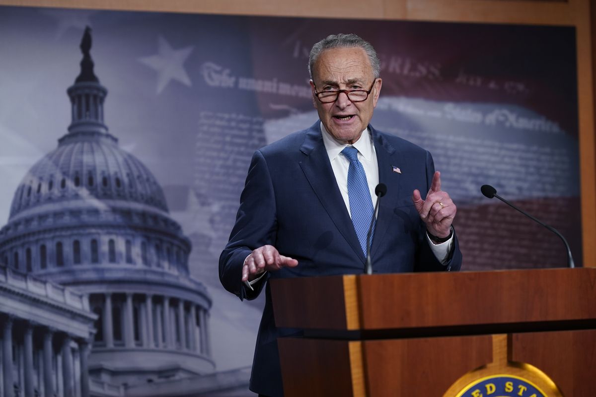 Senate Majority Leader Chuck Schumer, D-N.Y., speaks to reporters after final votes going into the Memorial Day recess, at the Capitol in Washington, Friday, May 28, 2021. Senate Republicans successfully blocked the creation of a bipartisan commission to study the Jan. 6 attack on the Capitol by rioters loyal to former President Donald Trump.  (J. Scott Applewhite)