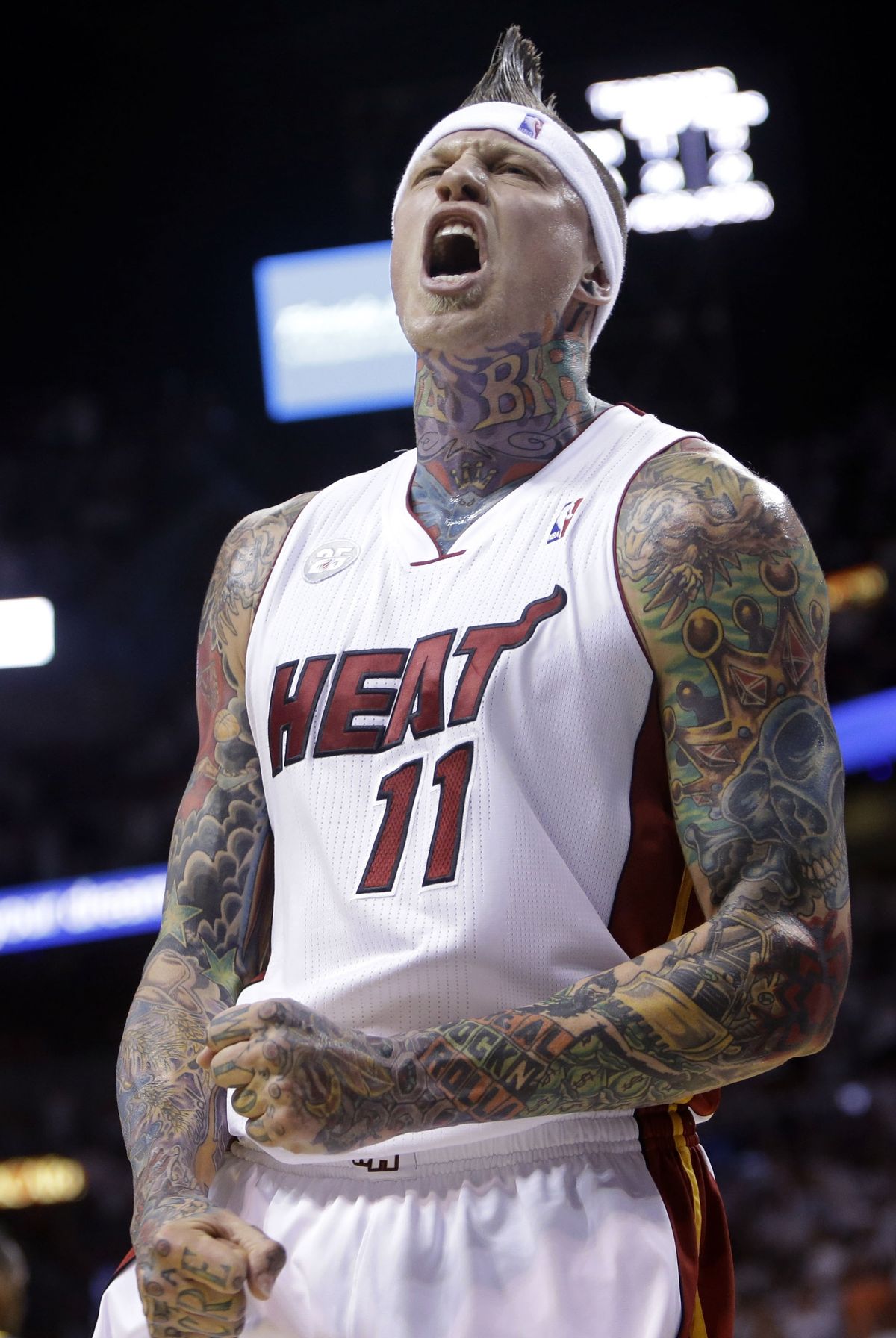 Heat forward Chris Andersen reacts after blocking a shot by Pacers forward Tyler Hansbrough. (Associated Press)