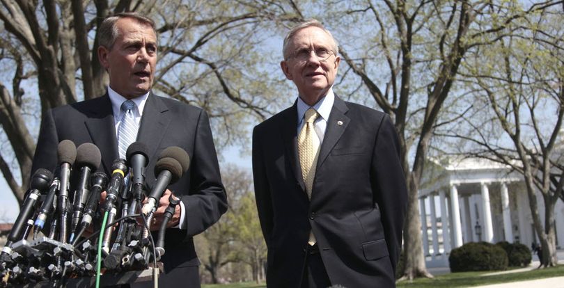 House Speaker John Boehner of Ohio, left, and Senate Majority Leader Harry Reid of Nev. speak to reporters outside the White House in Washington, Thursday, April 7, 2011, after their meeting with President Obama regarding the budget and possible government shutdown.  (Associated Press)