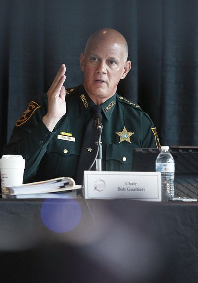 Sheriff and chairperson, Bob Gualtieri, of Pinellas county, Fla., speaks during a state commission meeting as they investigate the Marjory Stoneman Douglas High School massacre and how Broward school district and others access threats, on Tuesday, July 10, 2018, in Sunrise, Fla. (Brynn Anderson / Associated Press)