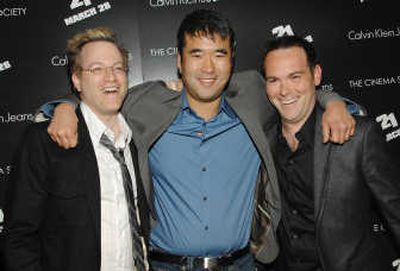 
From left, writer Ben Mezrich, real-life subject of the film Jeff Ma and producer Dana Brunetti attend a Cinema Society screening of 