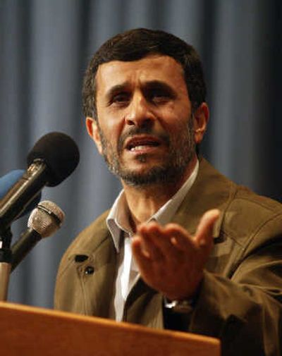 
Iranian President Mahmoud Ahmadinejad speaks in Tehran on Tuesday about Iran's nuclear technology ambitions. Associated Press
 (Associated Press / The Spokesman-Review)