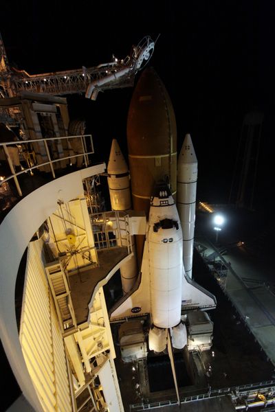 Space shuttle Endeavour sits on Launch Pad 39-A at the Kennedy Space Center in Cape Canaveral, Fla., on Friday. (Associated Press)