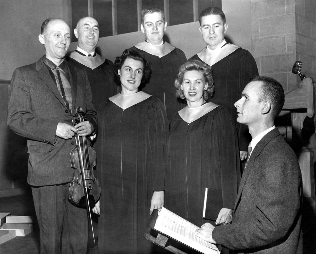 The Messiah Soloists who would perform at the annual presentation of “The Messiah” are shown in December 1959. They are, from left, Leslie Hildenbrandt, violinist; Haydn P. Morgan, bass; Mary Jane Rodkey, contralto; Thomas T. Tavaner, tenor; Mildred Torbenson, soprano; George Rodkey, bass; and Eugene H. Fink, director. (Photo Archives)