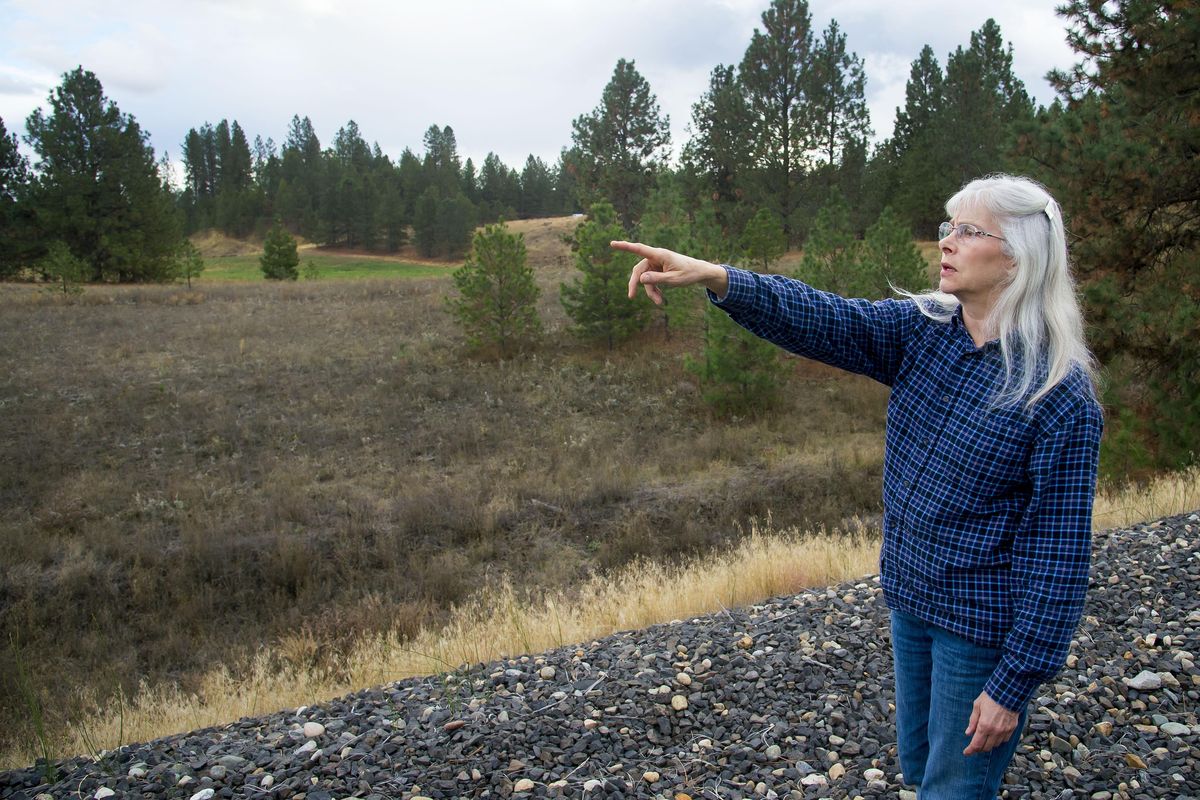 Amy Wharf points to where a property LLC wants to open a mine at the site of an old dump on the north side of Mead. Neighbors like Wharf, whose property is next to the proposed mine, are fighting it. (Colin Mulvany / The Spokesman-Review)