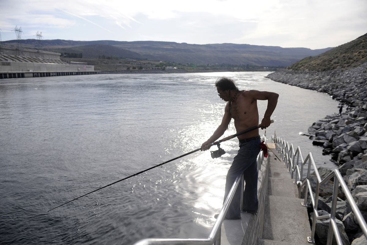 Henry Stensgar, nicknamed "Hobo", swings a giant pole and a snagging rig to catch salmon below the Chief Joseph dam on the Columbia River Wednesday, July 15, 2009. The right to fish these native waters, and use nets and snagging, is part of the right of natives of the region.  A short ways downstream from the dam, the Confederated Tribes of the Colville Reservation are planning a new salmon hatchery.  JESSE TINSLEY jesset@spokesman.com (Jesse Tinsley / The Spokesman-Review)