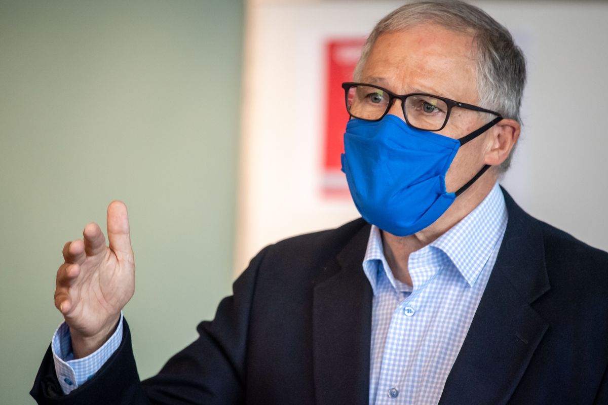 Gov. Jay Inslee meets with the press on Thursday, June 25, 2020, in the WSU Spokane Pharmaceutical & Biomedical Sciences Building.   (Colin Mulvany/THE SPOKESMAN-REVIEW)