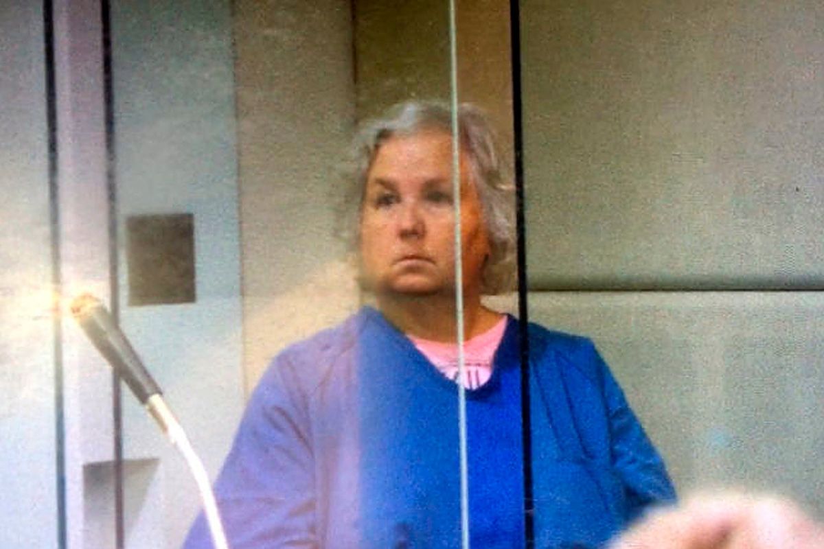 FILE - In this screen shot from video of her court appearance, romance writer Nancy Crampton Brophy appears in Multnomah County Circuit Court in Portland, Ore., on Sept. 6, 2018, on one count of murder with a firearm constituting domestic violence in the June death of her husband, Daniel Brophy, a chef at the Oregon Culinary Institute who was found shot in the school
