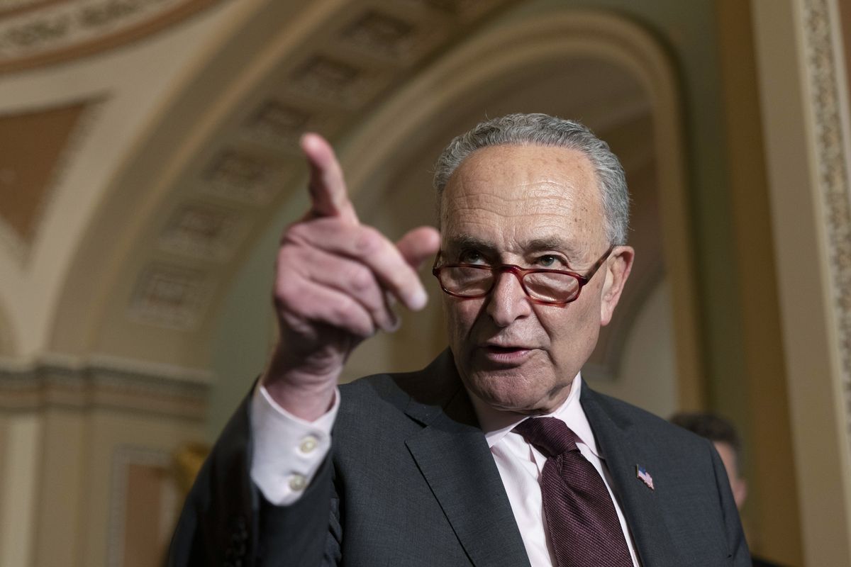 Senate Majority Leader Chuck Schumer of N.Y., calls on a reporter as he speaks after a Democratic policy luncheon, Tuesday, Oct. 19, 2021, on Capitol Hill in Washington.  (Jacquelyn Martin)