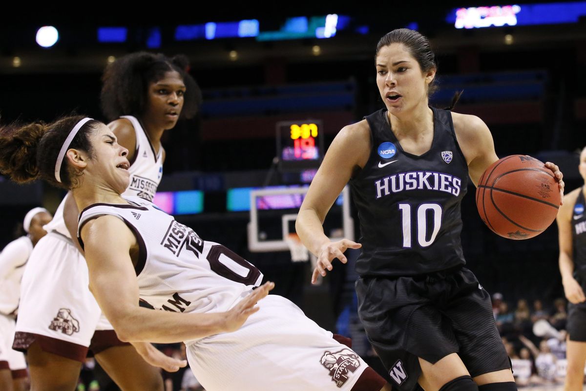 Washington guard Kelsey Plum (10) drives past Mississippi State guard Dominique Dillingham, left, during the second half of a regional semifinal of the NCAA women’s college basketball tournament, Friday, March 24, 2017, in Oklahoma City. (Sue Ogrocki / Associated Press)