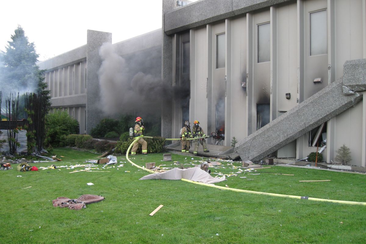 The Spokane Valley Fire Department battled a two-alarm fire at the Valley Mission Professional Building on Sept. 19., 2011. (Photo courtesy the Spokane Valley Fire Department)