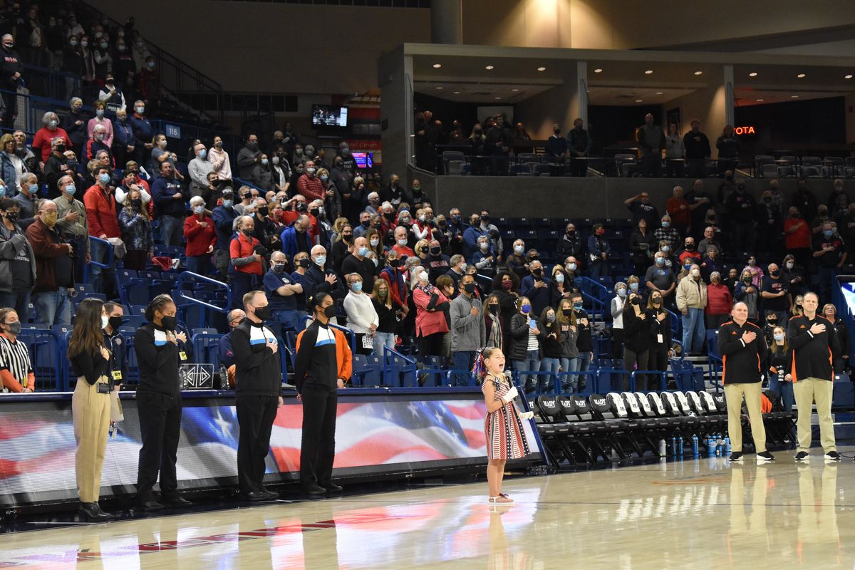 Kinsley Murray, 6, sings the national anthem before the Gonzaga women’s basketball game against Idaho State at McCarthey Athletic Center at Gonzaga on Nov. 18.  (Courtesy of Shafer Murray)