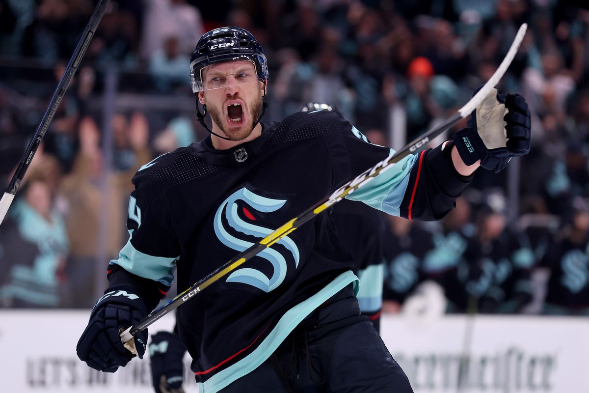 Kraken defenseman Jamie Oleksiak doesn’t wear a mouthpiece. “I figure I’m so tall I don’t have to worry about that stuff,” he said. “But surprisingly, I get hit in the face a lot.” (Getty Images)