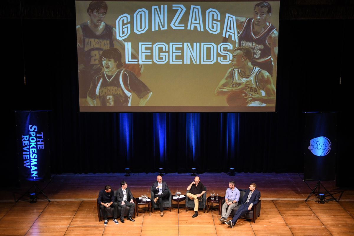 From left Adam Morrison, Dan Dickau, Sam Adams, John Blanchette, Matt Santangelo and Casey Calvary gather for the Gonzaga Legends event, Monday, Nov. 5, 2018. (Dan Pelle / The Spokesman-Review)