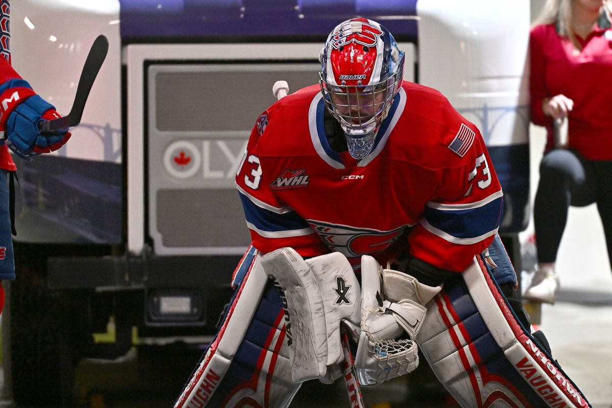 Spokane Chiefs goaltender Dawson Cowan (73) waits to be introduced during the Western Conference semi finals game against the Victoria Royals on Tuesday, April. 22, 2025 at Spokane Arena in Spokane WA.  (James Snook)