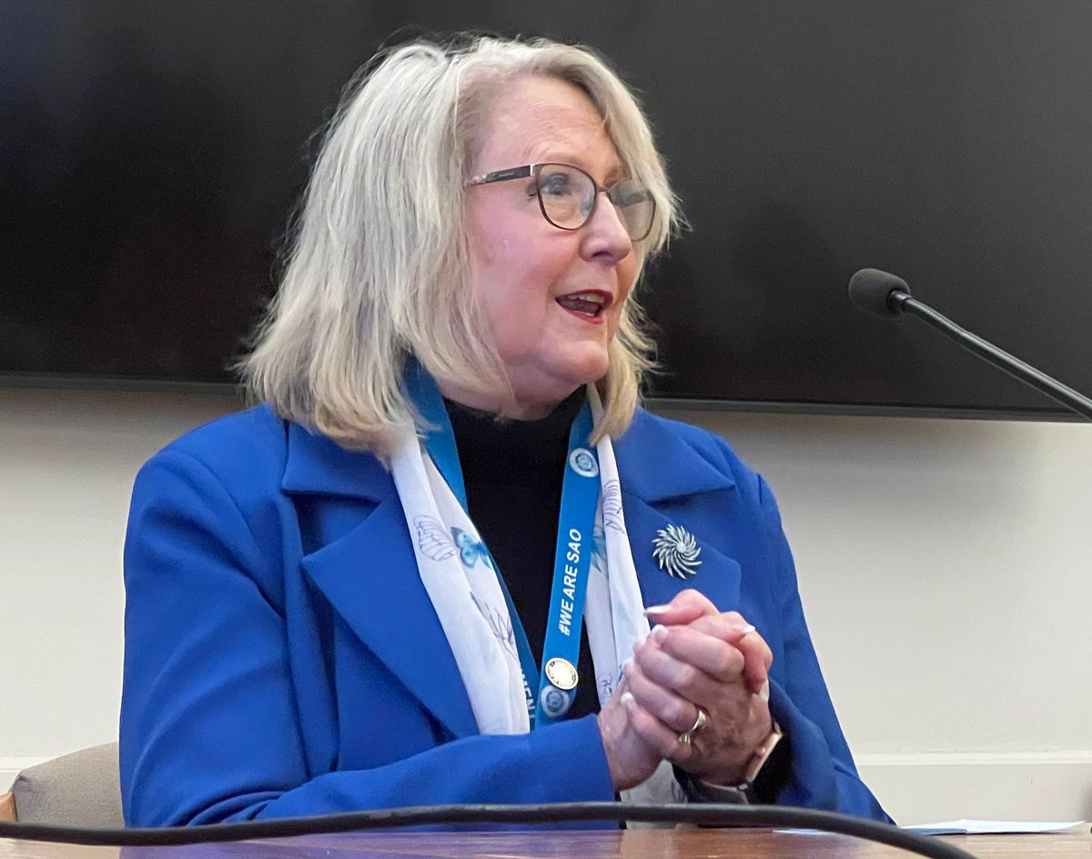 Washington State Auditor Pat McCarthy speaks to journalists gathered for Washington Newspaper Publishers Association’s legislative day on March 13, 2025, at the John A. Cherberg Building in Olympia.  (Jonathan Brunt/The Spokesman-Review)