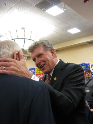 Idaho Gov. Butch Otter talks with state Rep. Paul Shepherd, R-Riggins, on election night at the state GOP election-night party in Boise (Betsy Russell)