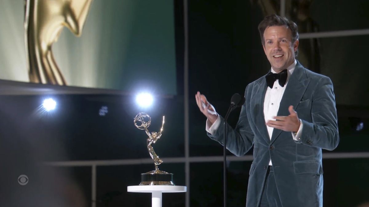 In this video grab issued Sunday, Sept. 19, 2021, by the Television Academy, Jason Sudeikis accepts the award for outstanding lead actor in a comedy series for "Ted Lasso" during the Primetime Emmy Awards.  (HONS)