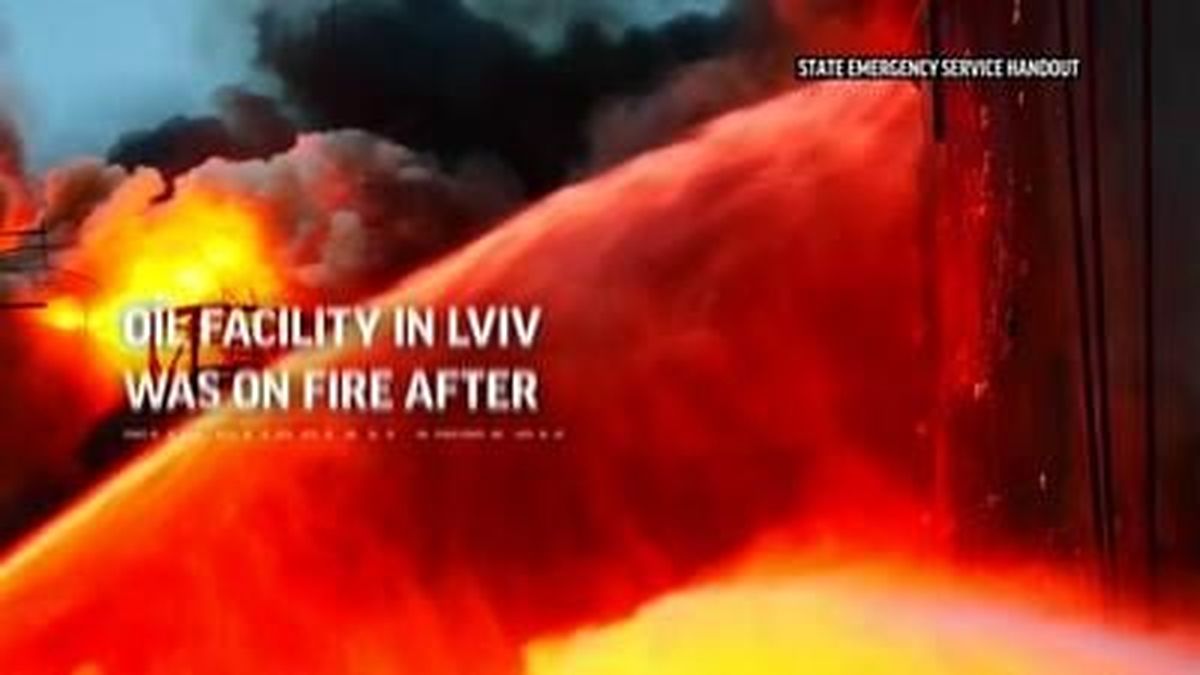 Firefighters battled a blaze at a fuel depot in Lviv, as Russia confirmed its air-launched cruise missiles struck there Saturday. The strikes also hit a defense plant in the city, which has become a haven for an estimated 200,000 people who have fled their hometowns. 